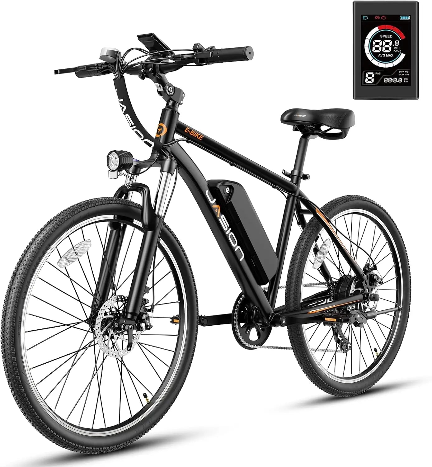 Jasion EB5 26" Electric Mountain Bike – 500W Peak Motor, 360Wh Removable Battery, 7-Speed, 40-Mile Range, Front Suspension